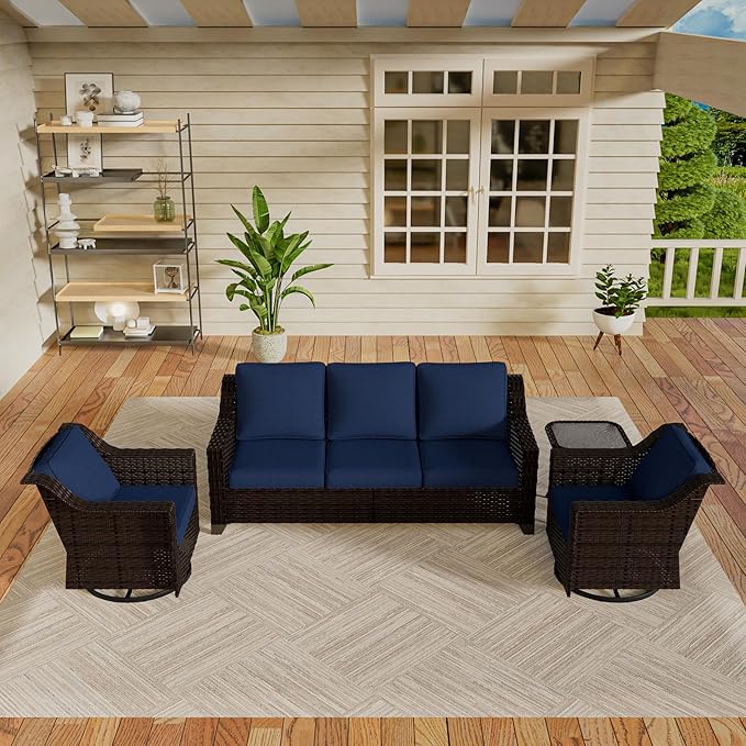 Vista Vibe 4 Pieces Outdoor Patio Conversation Furniture Set - 78" 3-Seat Sofa | 2 Swivel Glider Rocker Chairs | Wicker End Table, Rattan Loveseat, Upholstered Couch, Garden, Deck (Brown/Navy)
