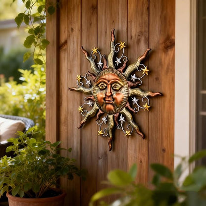 TERESA'S COLLECTIONS Sun Metal Wall Art for Outdoor Decor,21" Bronze Sun Face 3D Wall Decor for Garden Decor,Rustic Retro Hanging Sculpture for Outside Living Room Home Patio Farmhouse Gifts for Mom