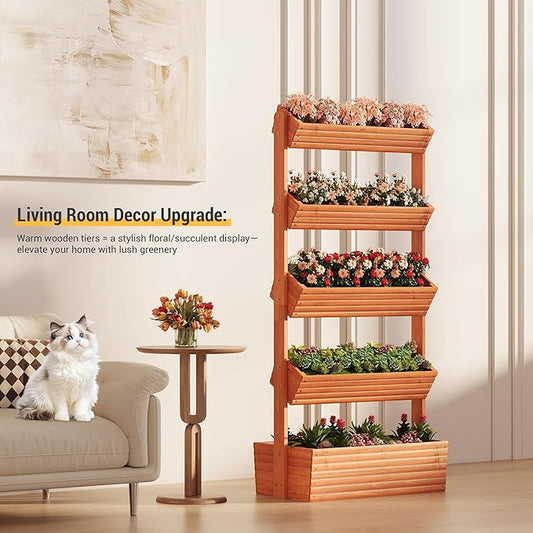 Vertical Wooden Raised Garden Bed Planters Wood Planter Kit Plant Stand Flower Rack Planter Box Gardening for Plants Herbs Flowers Vegetables Outdoor Indoor Freestanding (Orange 5-Tier)