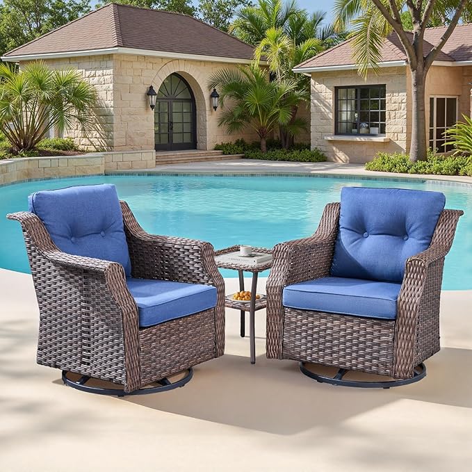 Patio Wicker Chairs Swivel Rocker-Outdoor Swivel Rocker Chair Set of 2 with All Weather Wicker Glider Rocker Set, PE Rattan Swivel Rocking Chair with Side Table for Yard Balcony Deck Porch Brown/Blue