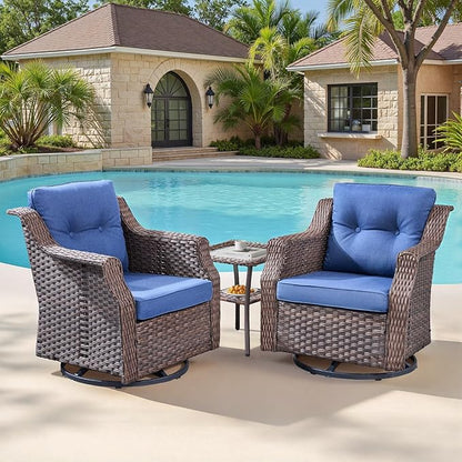 Patio Wicker Chairs Swivel Rocker-Outdoor Swivel Rocker Chair Set of 2 with All Weather Wicker Glider Rocker Set, PE Rattan Swivel Rocking Chair with Side Table for Yard Balcony Deck Porch Brown/Blue