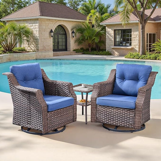 Patio Wicker Chairs Swivel Rocker-Outdoor Swivel Rocker Chair Set of 2 with All Weather Wicker Glider Rocker Set, PE Rattan Swivel Rocking Chair with Side Table for Yard Balcony Deck Porch Brown/Blue