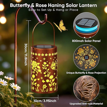 Butterfly Rose Solar Lanterns Outdoor: 2 Pack Hanging Metal LED Garden Lights Waterproof for Yard Patio Backyard - Birthday Christmas Gifts for Women Mom Grandma
