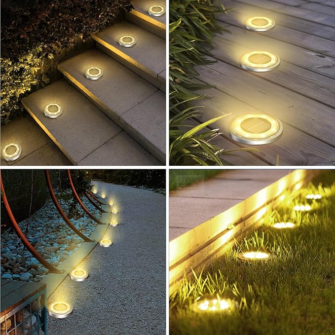 Solar Ground Lights,24 Pack Flat Solar Light Outdoor Waterproof, Bright LED Solar Disc Lights, 3000K Warm White Landscape Lighting for Outside Yard Garden Pathway Driveway Lawn