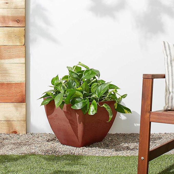 PSW Pot Collection FB40TC 16x13 inch Plastic/Stone/Wood Composite Square Planter – No Drainage Hole (Drillable), Modern Indoor/Outer Pot for Flowers, Foliage, Fairy Gardens, Terra Cotta Color