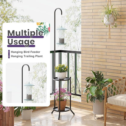 2-Tier Metal Plant Stand with Hanging Hook, Indoor Outdoor Plant Shelf,Heavy Duty Plant holder Rustproof Iron Multiple Plant Round Supports Rack for Planter Corner Garden Balcony Patio (Black)
