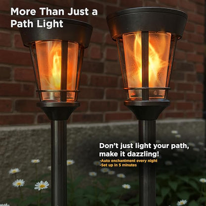 Classic Solar Path Torch - Elegant Flickering Flame Effect with Patented LED, IP65 Waterproof, Solar-Powered Lighting for Garden, Walkway, Yard, and Landscape Ambiance Easy Stake Installation (2 Pack)
