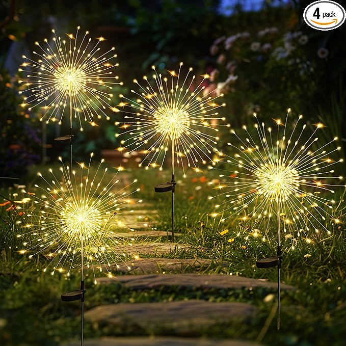 GIGALUMI Garden Decor Outdoor Lights 120LED 4Pack, Solar Garden Lights Outside Fairy Firework Decorative,Solar Powered for Yard Pathway Flowerbed Planter Balcony Patio 4th of July Decor (Warm White