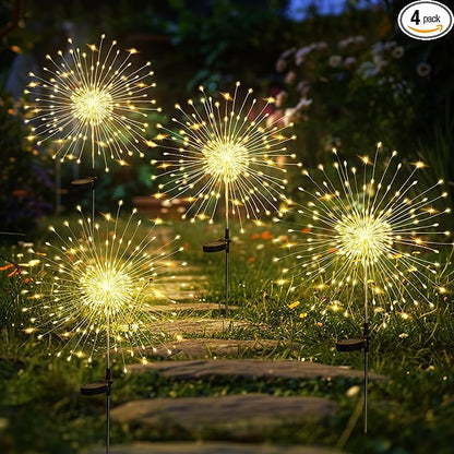 GIGALUMI Garden Decor Outdoor Lights 120LED 4Pack, Solar Garden Lights Outside Fairy Firework Decorative,Solar Powered for Yard Pathway Flowerbed Planter Balcony Patio 4th of July Decor (Warm White