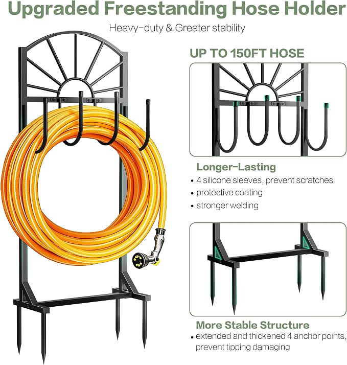 Garden Hose Holder, Upgraded Metal Water Hose Holder with 4 Hooks, Freestanding Heavy Duty Hose Hanger Stand Holds 150 FT Hoses, Detachable Hose Storage Rack for Outside Yard Lawn Farm (Black, Sun)