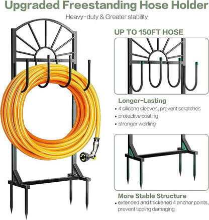 Garden Hose Holder, Upgraded Metal Water Hose Holder with 4 Hooks, Freestanding Heavy Duty Hose Hanger Stand Holds 150 FT Hoses, Detachable Hose Storage Rack for Outside Yard Lawn Farm (Black, Sun)