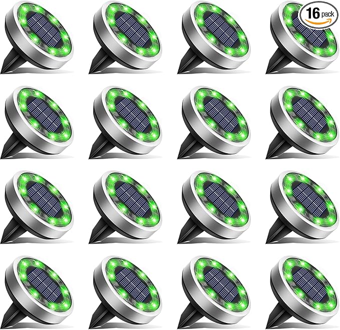 btfarm 16 Pack Solar Lights Outdoor, 8 LED Solar Ground Lights IP65 Waterproof Flat Solar Disc Light, Pathway Lights for Garden Lawn Patio Yard Path Landscape, Green