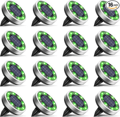 btfarm 16 Pack Solar Lights Outdoor, 8 LED Solar Ground Lights IP65 Waterproof Flat Solar Disc Light, Pathway Lights for Garden Lawn Patio Yard Path Landscape, Green