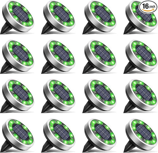 btfarm 16 Pack Solar Lights Outdoor, 8 LED Solar Ground Lights IP65 Waterproof Flat Solar Disc Light, Pathway Lights for Garden Lawn Patio Yard Path Landscape, Green