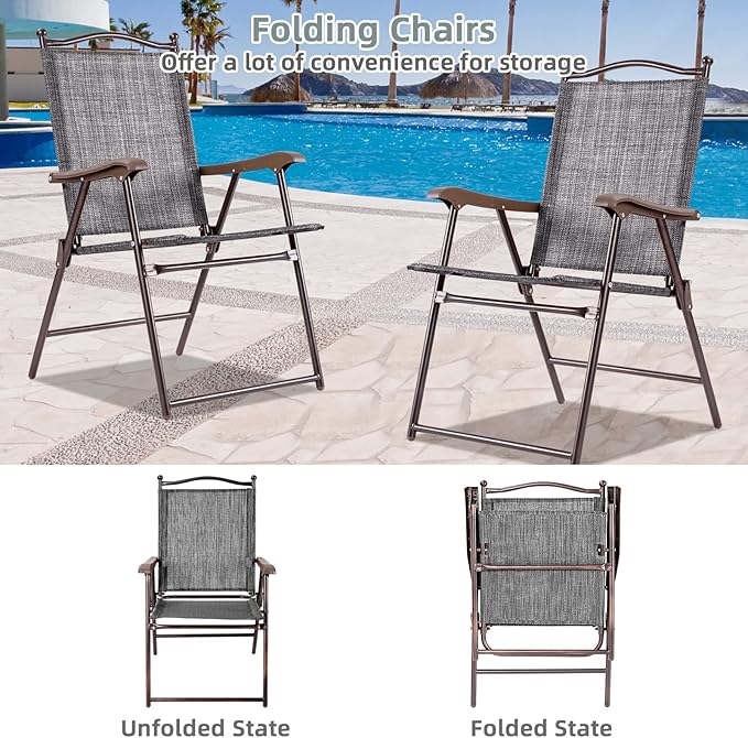 Tangkula Set of 2 Patio Folding Dining Chairs, Outdoor Sling Lawn Chairs with Armrests, Steel Frame, Portable Camping Lounge Chairs for Backyard, Deck, Poolside and Garden, No Assembly (1, Grey)