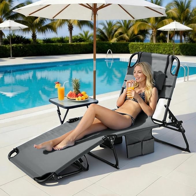 3-in-1 Sun Tanning Chair with Face Holes, Folding Chaise Lounge Chairs, 5-Position Adjustable Lounge Chair Outdoor with 2 Side Pocket & Pillow, for Pool Beach, Patio, Camping, Grey