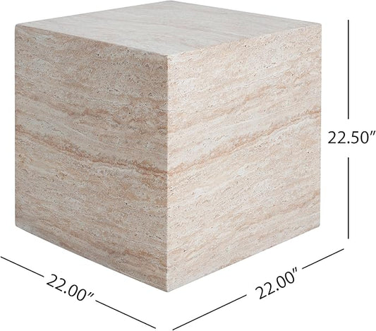 Christopher Knight Home Jayme 22.5" Indoor Outdoor Square Accent Side Table, Patio Decorative End Table, Lightweight Concrete Garden Stool for Patio Living Room Balcony & Garden Decor, Travertine