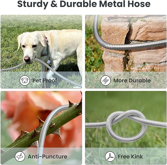 Giraffe Tools Garden Hose 75ft x 5/8", 304 Stainless Steel Metal Water Hose, No Kink Garden Water Hose with 9 Pattern Spray Nozzle, Flexible, Lightweight, Kink Free Hose for Yard, Outdoor