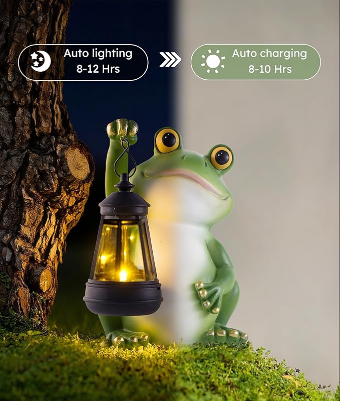 Solar Frog Garden Statue Light, Outdoor Waterproof Decorative Lantern Figurine, Cute Yard Art for Garden Patio Pond Balcony Porch Decor, Housewarming & Gardening Gifts for Women Grandma Mom