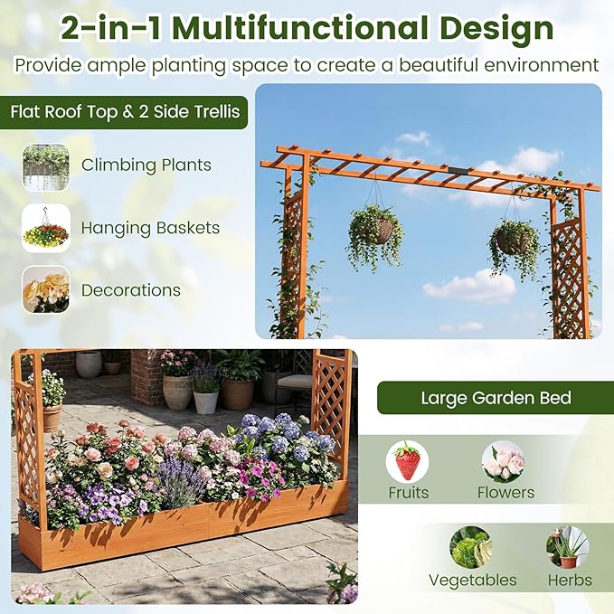 S AFSTAR Raised Garden Bed with Trellis, 2 Pieces Fir Wood Planter Box with Flat Roof & Drainage Holes, Vertical Planter Raised Bed for Climbing Plants, Flowers & Vegetables, 87" x 14" x 45" (Orange)