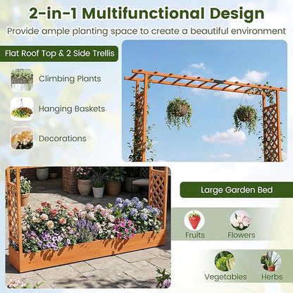 S AFSTAR Raised Garden Bed with Trellis, 2-in-1 Fir Wood Planter Box with Flat Roof & Drainage Holes, Vertical Planter Raised Bed for Climbing Plants, Flowers & Vegetables, 87" x 14" x 45" (Orange)