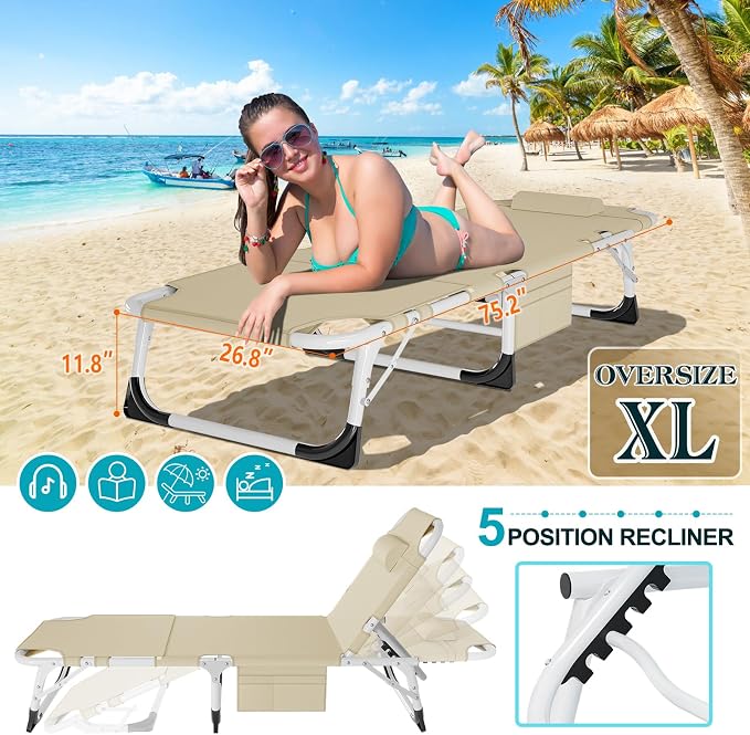 ABORON 3-in-1 Tanning Chair, 5-Position with Face and Arm Holes | 5-position reclining chair includes a removable mat, pillow, face hole and arm slots; folds flat for beach or patio use.