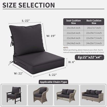 Premium Outdoor Seat Cushion Chair Cushions for Patio Furniture 22 L X 22 W X 4 H Waterproof & Fade Resistant Deep Seat and Backrest Cushion Set with Removable Covers for Chair, Sofa