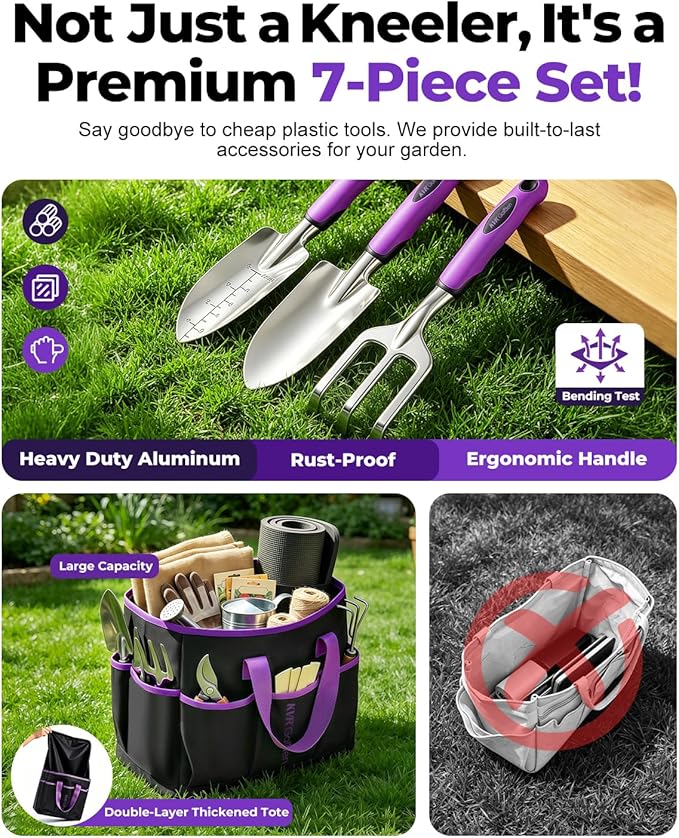 Garden Stool & Kneeler 7-Piece Set with 3 Aluminum Tools, Double-Layer Tote Bag & 2 Side Pouches - Foldable Gardening Bench Kit - Ideal Gifts for Women Mom Seniors (Purple)