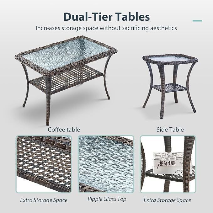 7 Piece Patio Furniture Set - Wicker Patio Conversation Set with Swivel Glider, Loveseat Bench, 2 Ottomans, Glass Side Table and Coffee Table for Deck Backyard - Brown Wicker Grey Cushion
