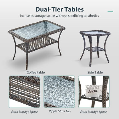 7 Piece Patio Furniture Set - Wicker Patio Conversation Set with Swivel Glider, Glider Loveseat, Tempered Glass Side Table and 2 Ottomans for Deck Backyard - Brown Wicker Blue Cushion