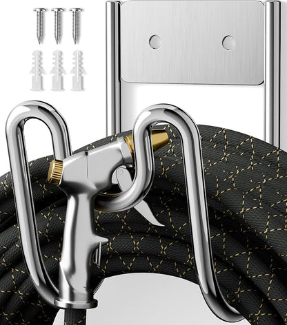 Garden Hose Holder Wall Mount - SS304 Stainless Steel Water Hose Hanger Heavy Duty Rack for Extension Cords Vacuum Hose Outside Silver (1 Pack)