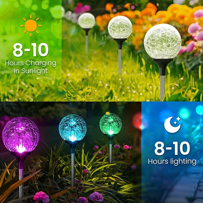 GIGALUMI Solar Garden Lights 6 Pack, Solar Lights Outdoor Decorative Waterproof, Outdoor Solar Lights for Yard Decorations, Multi-Colored Changing Garden Globe Cracked Glass Ball with LED Lights