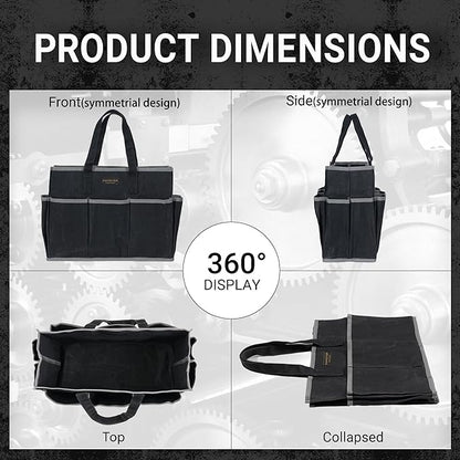 Waxed Canvas Tote Bag, Heavy Duty Multi-Purpose Canvas Tool Bag with 10 Pockets for Screwdrivers/Wrench/Pliers/Electricians Storage, Black