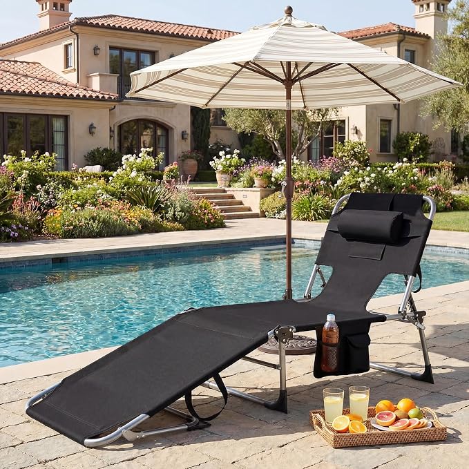 Goplus Tanning Chair, Folding Adjustable Patio Lounge Chair with Face Hole, Removable Pillow, 330LBS, Carry Strap, Outdoor Sunbathing Chair, Lightweight Portable Beach Lounge Chair, No Assembly