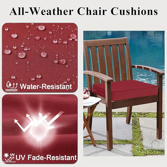 Outdoor Chair Cushions 24x24x4 Inch, Waterproof Red Patio Furniture Cushions Set of 2 with Ties & Handle, 3 Year Color Fastness Square Replacement Seat Cushions for Sofa, Couch