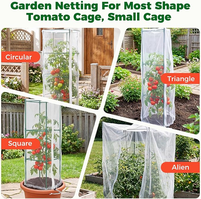 3Pcs Garden Bird Netting Plant Cover for Tomato Cage, 55" x 17.7" Insect Bird Barrier Tomato Cage Net with 20 Clips, Tomato Trellis Plant Netting Cover for Square Tomatoes Cages Plants Protection