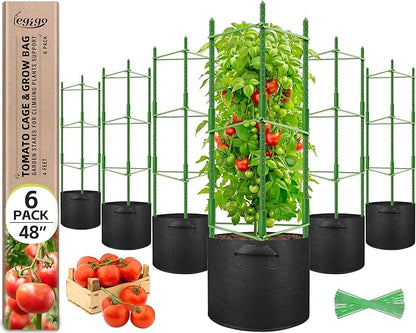 Legigo 6 Pack Tomato Cages with 10 Gallon Grow Bags- 48inch Tomato Trellis Plant Support Stakes Planter, Tomato Plant Cages Garden Trellis for Vertical Climbing Plants Vegetables Flowers Fruits