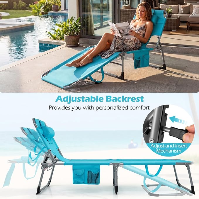 GYMAX Tanning Chair with Face Hole, Sun Bathing Lounge Chairs for Outside with Side Pocket, Folding Portable Face Down Layout Tanning Chair Beach, Backyard, Poolside, Lawn (Turquoise,2)