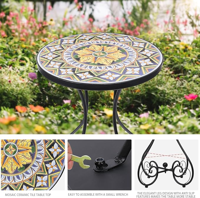 VCUTEKA Outdoor Side Table Mosaic Patio Table Accent Tables Mosaic Tile Top Metal Frame Small End Tables Porch Beach Patio Garden Balcony Yellow