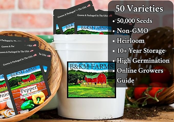 Survival Seed Vault: 50 Varieties, 50,000+ Non-GMO Heirloom Seeds - 5+ Year Supply in Secure Bucket + Growing Guide by B&KM Farms