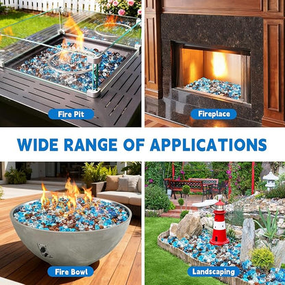 3/4 Inch Blended Fire Glass Beads,10LB Round Fire Glass Beads for Fire Pit Table, Fireplace and Fire Bowl (Caribbean Blue+Crystal Ice+Amber)