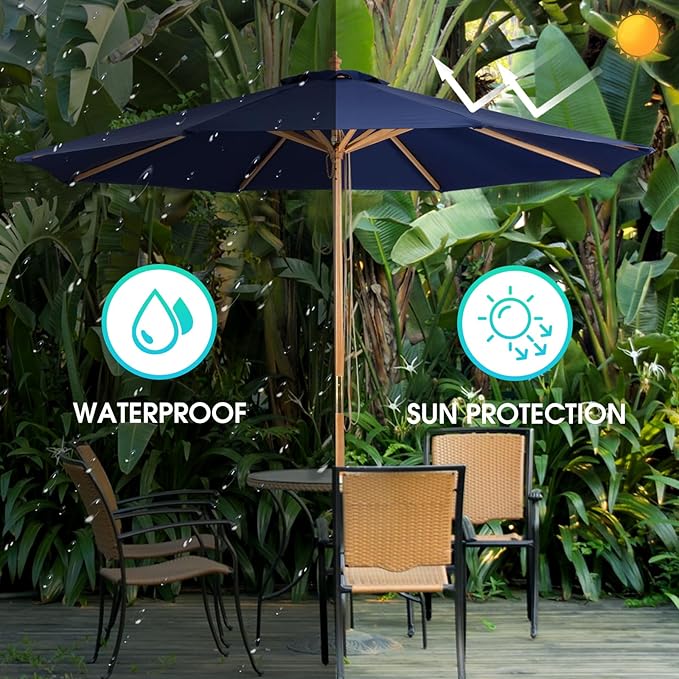 9FT Table Patio Outdoor Umbrella Market Round Umbrella with Pulley Lift Windproof & Waterproof, 8 Ribs with Polyester Cover for Garden, Deck, Pool, lawn, Backyard