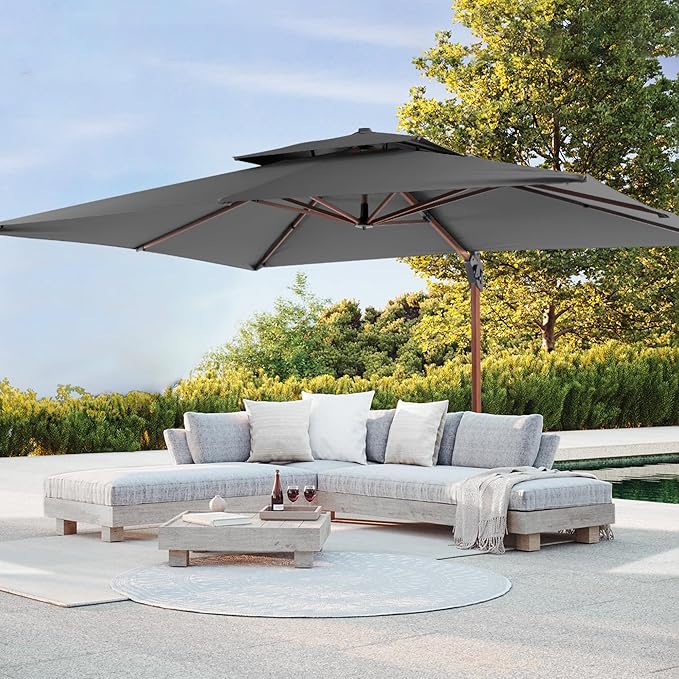 JZAC & QZYD 10 X 13 FT Patio Umbrella with Base, Outdoor Cantilever Offset Rectangle Heavy Duty Umbrellas with 360° Rotation Double Top and Deluxe Wood Grain for Pool Deck Backyard Garden, Gray