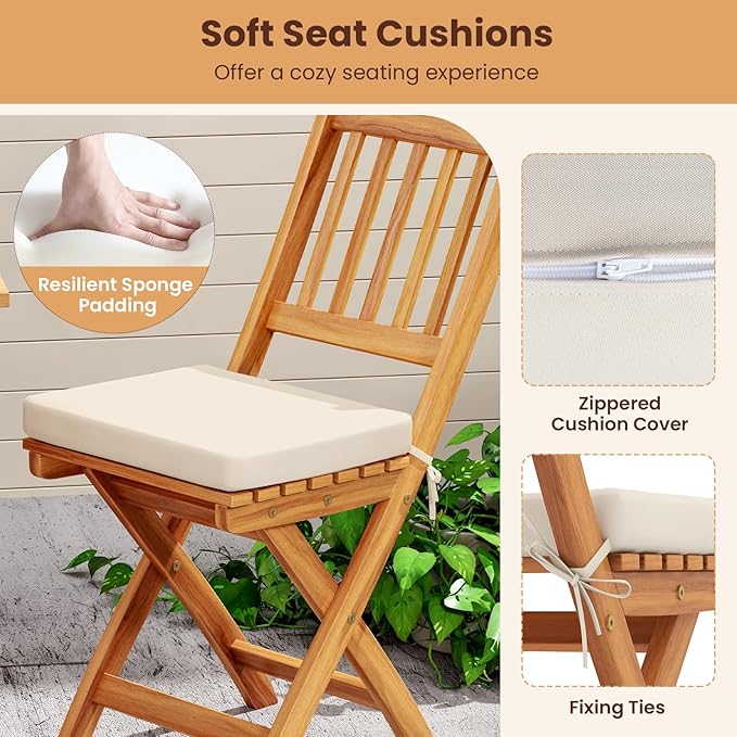 KOTEK Outdoor Folding Bistro Set, 3 Pieces Acacia Wood Bistro Set with Soft Cushions, Patio Bistro Table and Chairs for Backyard, Porch, Poolside (Vertical Slats)