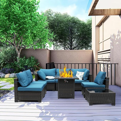 8 Pieces Patio Sets with 28" Gas Fire Pit Table Wicker Rattan Outdoor Furniture Set Conversation Set with Garden,Balcony,Pool, Deck (Brown & Peacock Blue, 8pcs Set)