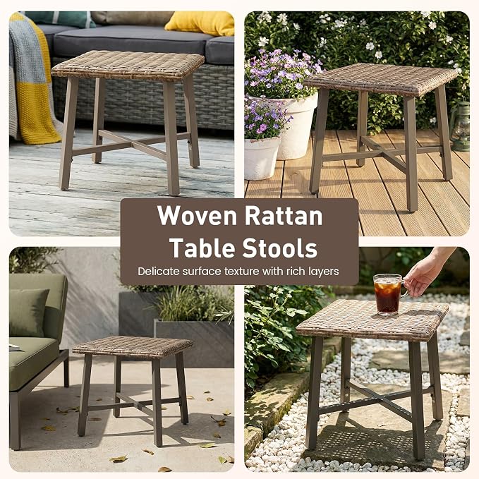 Rattan Side Table for Outdoor, Small Patio Table & Balcony End Table with Handwoven Wicker Design, Compact Square Accent Table for Porch Garden Deck