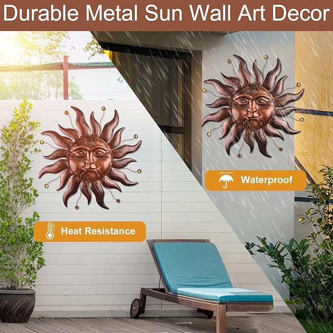 Metal Wall Art Decor Outdoor Inside with Sun Face, 26 Inch Large Outside Sun Metal Decorations Hanging on House, Living Room, Bedroom, Patio, Fence, Yard