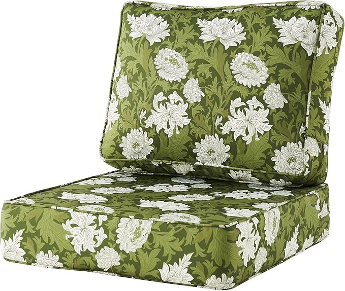 ARTPLAN 24x24 Deep Seat Patio Cushions for Outdoor Furniture,Extra 6 inch Thick,Back 18"x24",Removable,Replacement,Polyester Floral Pattern,Outdoor/Indoor,Green Flowers