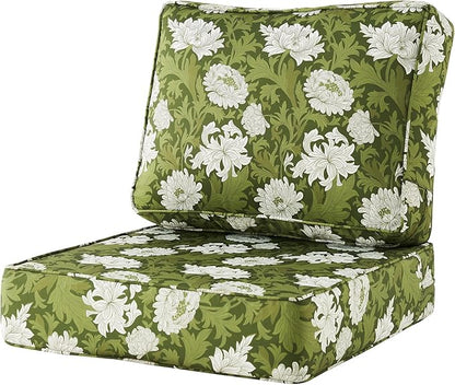 ARTPLAN 24x24 Deep Seat Patio Cushions for Outdoor Furniture,Extra 6 inch Thick,Back 18"x24",Removable,Replacement,Polyester Floral Pattern,Outdoor/Indoor,Green Flowers