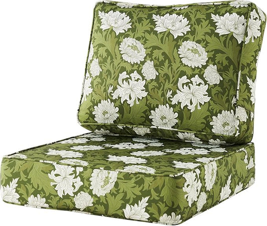 ARTPLAN 24x24 Deep Seat Patio Cushions for Outdoor Furniture,Extra 6 inch Thick,Back 18"x24",Removable,Replacement,Polyester Floral Pattern,Outdoor/Indoor,Green Flowers